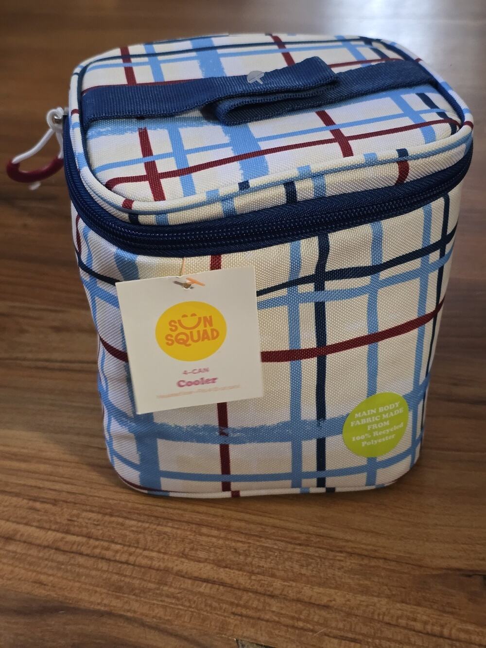 Sun Squad 4-Can Insulated Cooler Lunch Bag Plaid White Blue Red Zip Handle S6